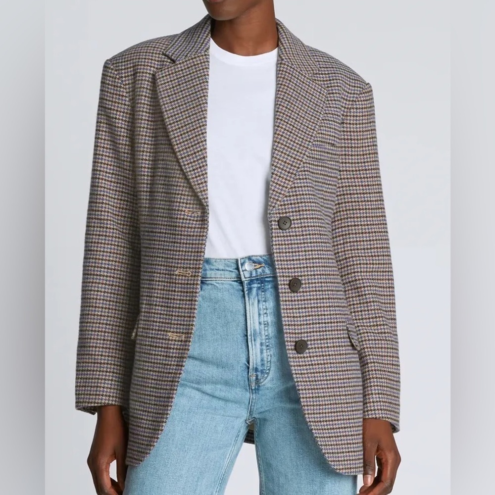 Everlane 80s Oversized Blazer Wool Houndstooth Brown Blue Size 2 NWOT - Picture 2 of 12